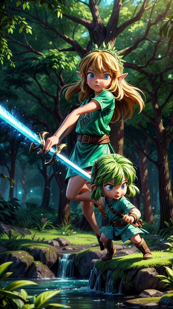 Detailed fantasy illustrations of the Legend of Zelda、A young female protagonist with long hair and piercing blue eyes、Wearing a green tunic、Towering Tree々and sparkling magic elements、Dramatic lighting、Bright colors、Cinematic composition、Intricate details、Mysterious forest stream landscape、Ready your sword and attack the enemy、Divine Light、Dynamic fighting pose