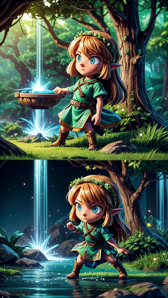 Detailed fantasy illustrations of the Legend of Zelda、A young female protagonist with long hair and piercing blue eyes、Wearing a green tunic、Towering Tree々and sparkling magic elements、Dramatic lighting、Bright colors、Cinematic composition、Intricate details、Mysterious forest stream landscape、Ready your sword and attack the enemy、Divine Light、Dynamic fighting pose