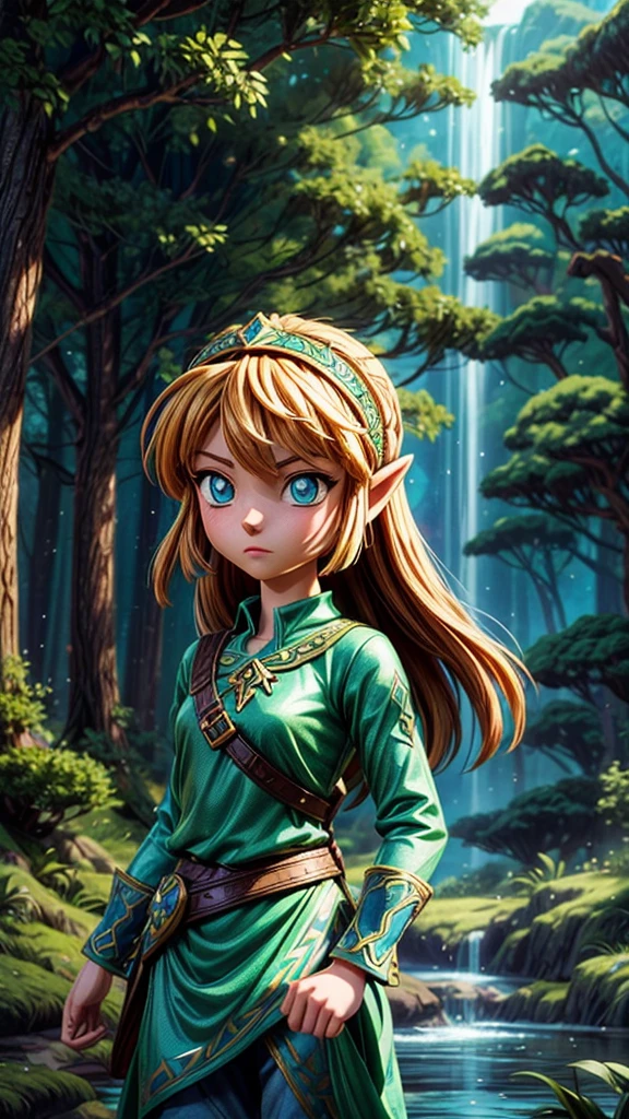 Detailed fantasy illustrations of the Legend of Zelda、A young female protagonist with long hair and piercing blue eyes、Wearing a green tunic、Towering Tree々and sparkling magic elements、Dramatic lighting、Bright colors、Cinematic composition、Intricate details、Mysterious forest stream landscape、Ready your sword and attack the enemy、Divine Light、Dynamic fighting pose