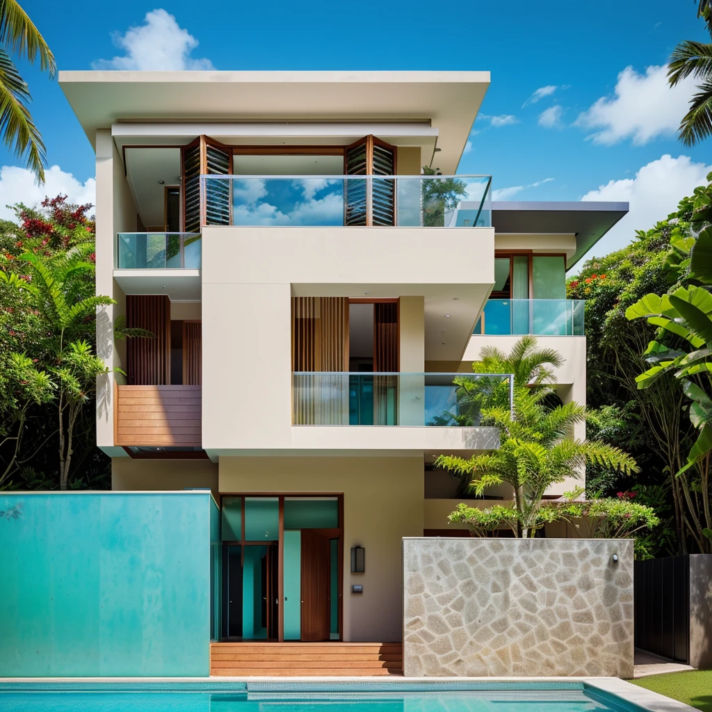 MODERN HOUSE, in Fall, morning, A wide angle shot shows the front view of a contemporary two-story villa with glass windows, surrounded by lush greenery. It features an outdoor pool area with natural light. Stone pathways lead to the yard, adorned with vibrant tropical plants, Taken on a Canon EOS R5