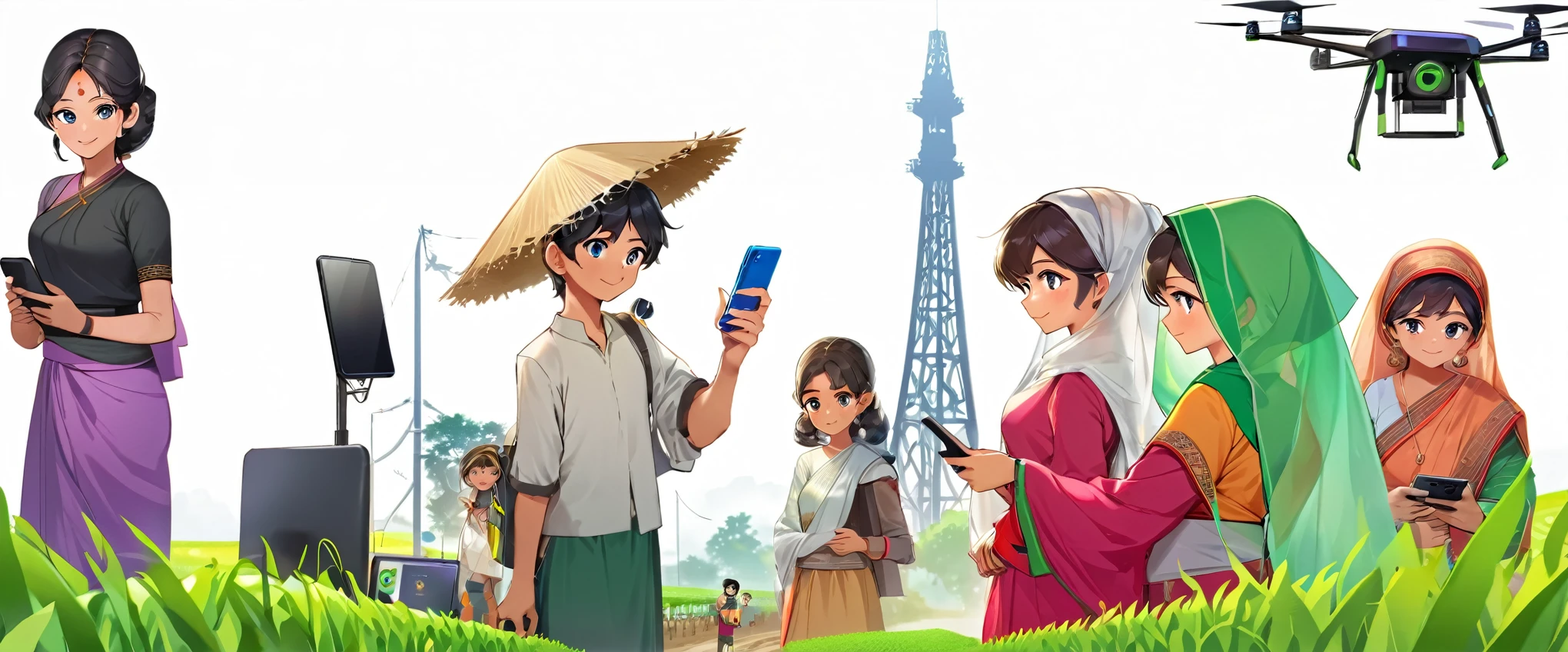 (Bangladesh)), poster image of a vibrant landscape of Bangladesh, where tradition and technology converge, a Smart Village emerges., Smart Village: Bridging Tradition and Technology Connected Community: Villagers embracing the internet and computers, enhancing their daily lives and work. Modern Farming: Farmers utilizing smartphones for better crop management and market access. Tech-Enabled Families: Happy families benefiting from improved communication and education through technology. Innovative Infrastructure: Mobile towers ensuring seamless connectivity, with drones and robots supporting agricultural