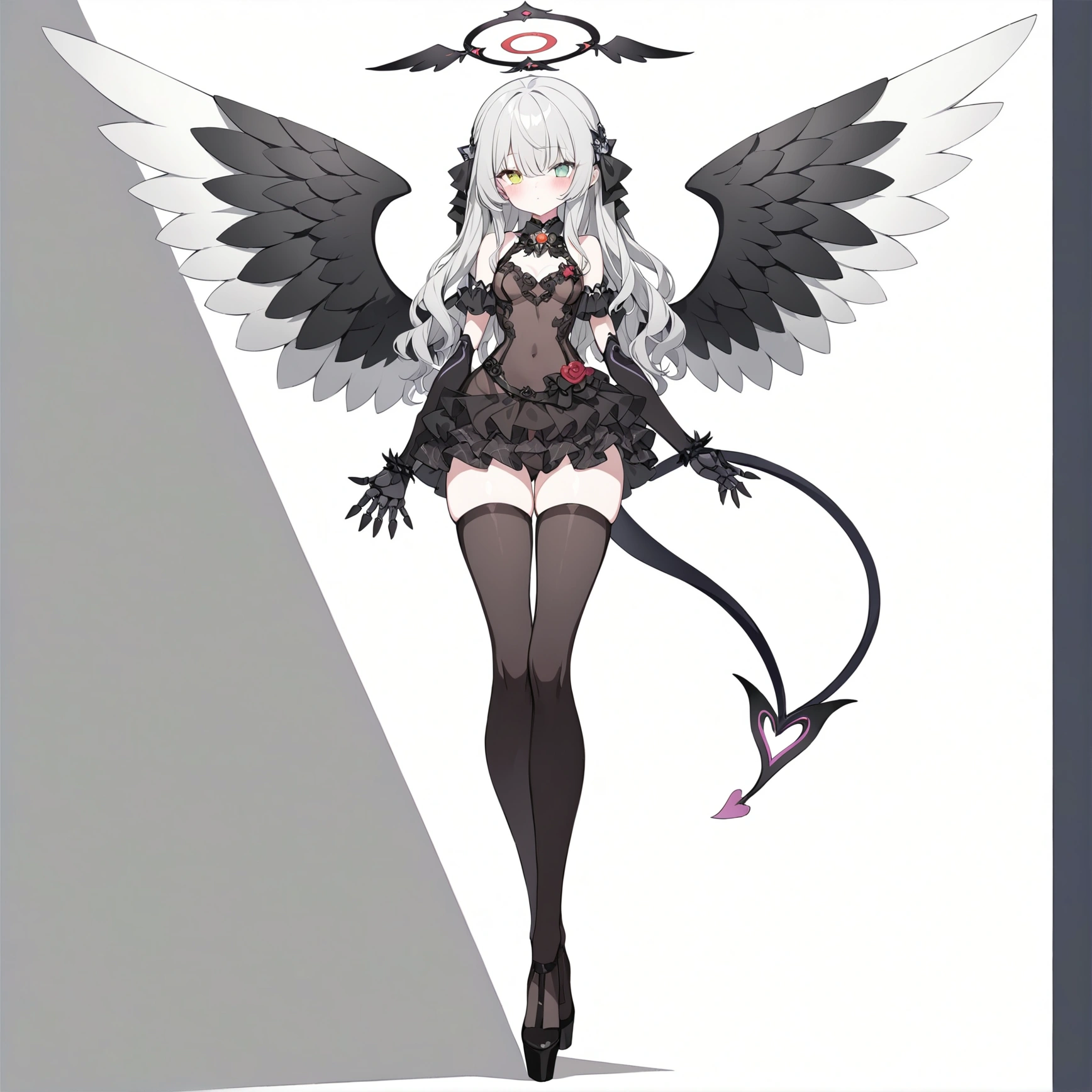 woman 160 cm tall, slim build. (character design sheet: front view). Long Wavy Gray Hair with Knee Length Curls. (heterochromia: one light green eye and one amber eye). she has little ribbons in her hair, rose-shaped brooch on the right side of the hair. extremely detailed face, small face, Beautiful detailed eyes, beautiful detailed lips. adorable, extremely detailed legs, (Best Quality, 4k, 8k, high resolution), ultra detailed, Exquisite and epic character art.... Black high stockings with gold star print.... Black platform heels, Intricate One Piece Low Waist Ruffle Lace Dress.. It has complex mechanical arms that reach up to the forearm., black with small red thorn patterns.... dark gray belt at the waist with a small blue crescent, black necklace on the neck with rose-shaped decoration. He has small angel wings on his back that are dark blue and black..... It has a detailed succubus tail that ends in a heart shape. Wide hips. Wears a luminous gray and black halo with rose patterns.... (small chest size). beautiful detailed wings. beautiful detailed hair, beautiful detailed dress. extremely detailed arms.
