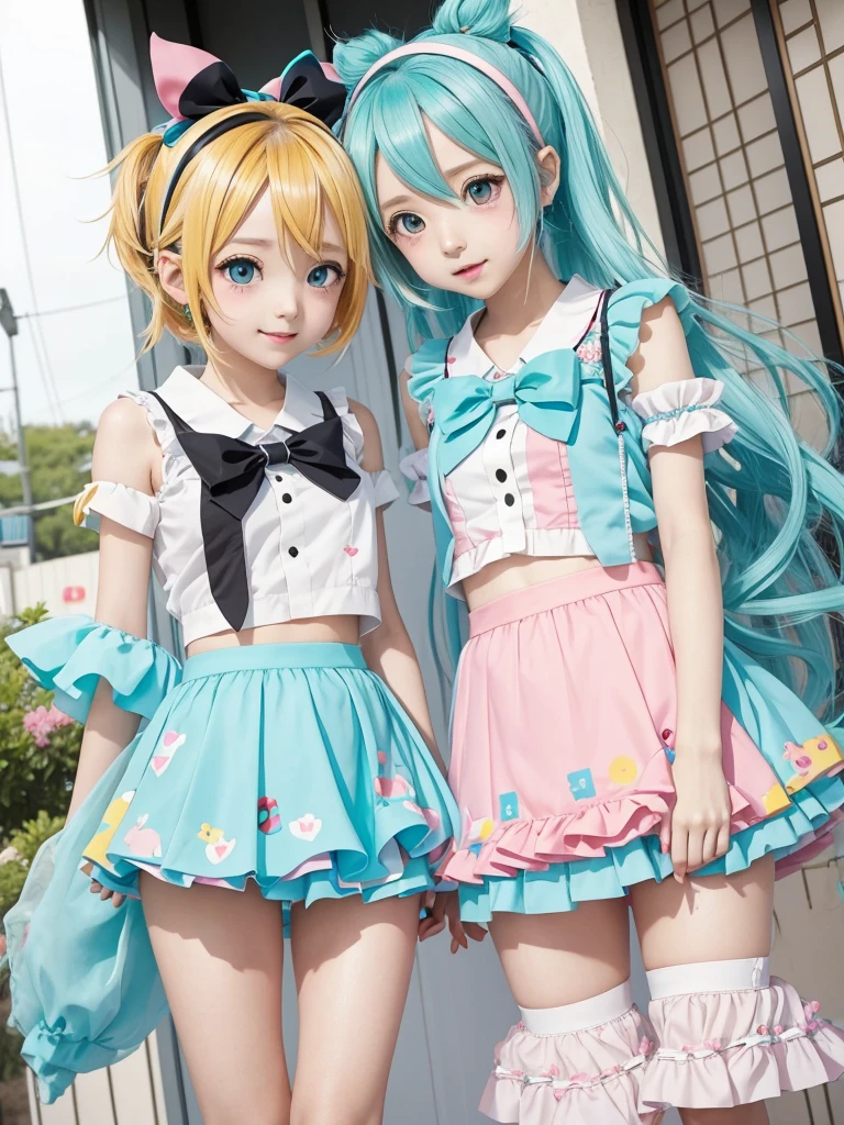 Hatune Miku and Kagamine Rin, cute, colorful, pop, 🩷⭐🔷, party, kawaiitech, pastel colors, kawaii, cute colors