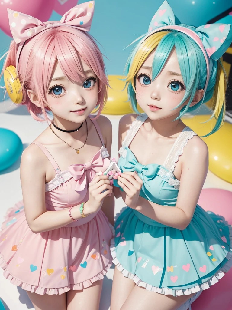 Hatune Miku and Kagamine Rin, cute, colorful, pop, 🩷⭐🔷, party, kawaiitech, pastel colors, kawaii, cute colors