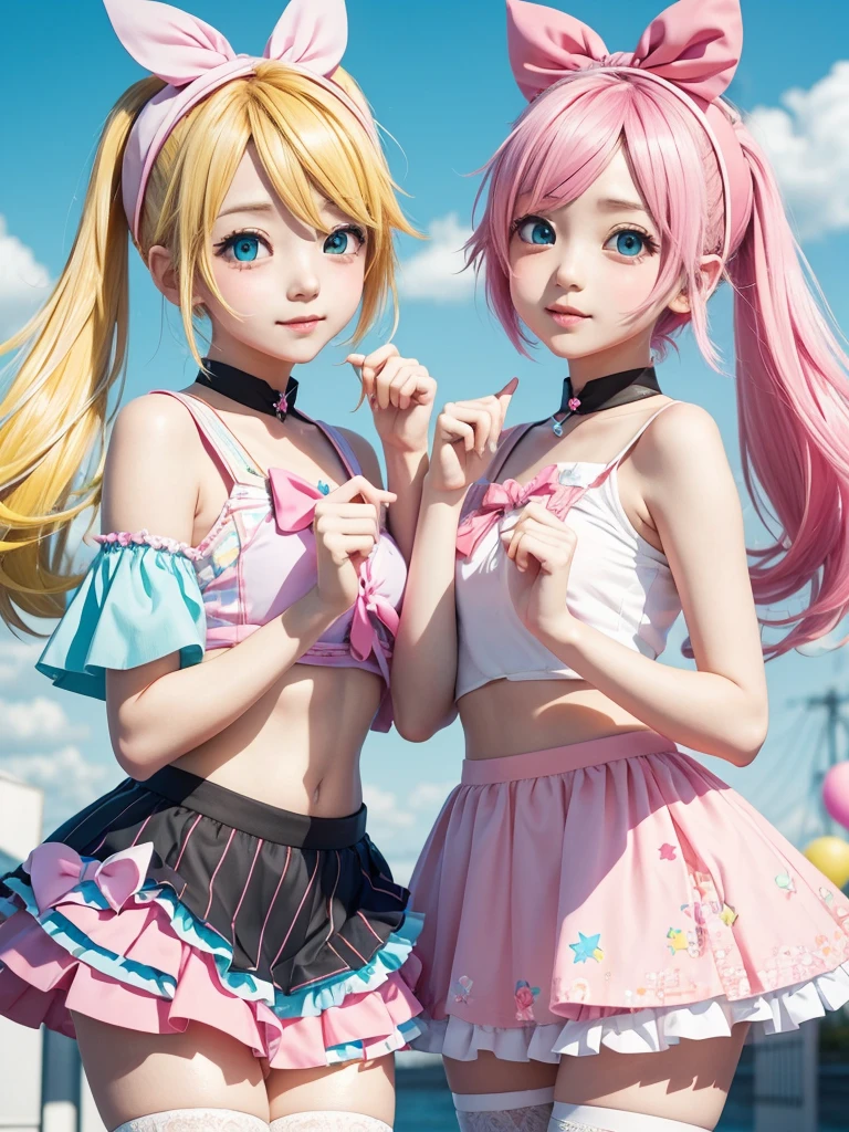 Hatune Miku and Kagamine Rin, cute, colorful, pop, 🩷⭐🔷, party, kawaiitech, pastel colors, kawaii, cute colors