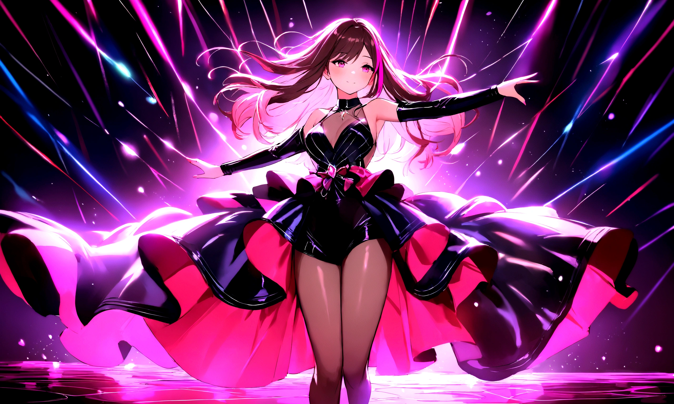 A stunning young woman with flowing chestnut hair streaked with vibrant pink, dressed in flashy nightclub attire, revels in music and dancing in a dimly lit club. This vivid depiction, reminiscent of a high-quality photograph, showcases her infectious energy and beauty as she moves gracefully amidst the pulsating lights and throbbing beats. Every detail, from the subtle highlights in her hair to the sparkle of her outfit, adds to the overall allure of the scene, making it a mesmerizing and captivating portrayal of nighttime entertainment