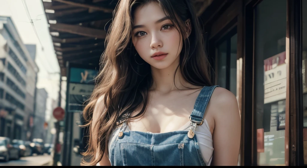 a photo by pho3b3cat3s, beautiful woman, ((24 years old)), street, body, denim overalls, 1980s, Retro, long wavy dark hair ponytail, (Masterpiece), (Extremely detailed CG unity 8k wallpaper), intricate, ((photorealistic)),
