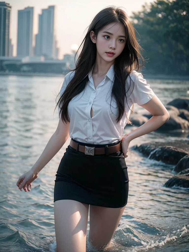 18s woman in thai university uniform, very beautiful, pretty, wet long straight hair, white wet plain short-sleeve button up shirt, black bra, black wet tight mini skirt, brown belt, masterpiece:1.2, high detail, realistic, cinematic scene, slim and perfect figure, perfect body proportions, 16k, portrait photo, dynamic pose, dynamic compositions, water, surrounded by heavy swirl water from head to toes, motion blur, long exposure, at sea shore, martial arts, blue light tone, water magic, (water element:1.2), water goddess, xuer martial arts, insane detailed on face, close up, water droplets on the skin, water drips all over her body, water droplet on her face, wet body, selective focus, shallow sea