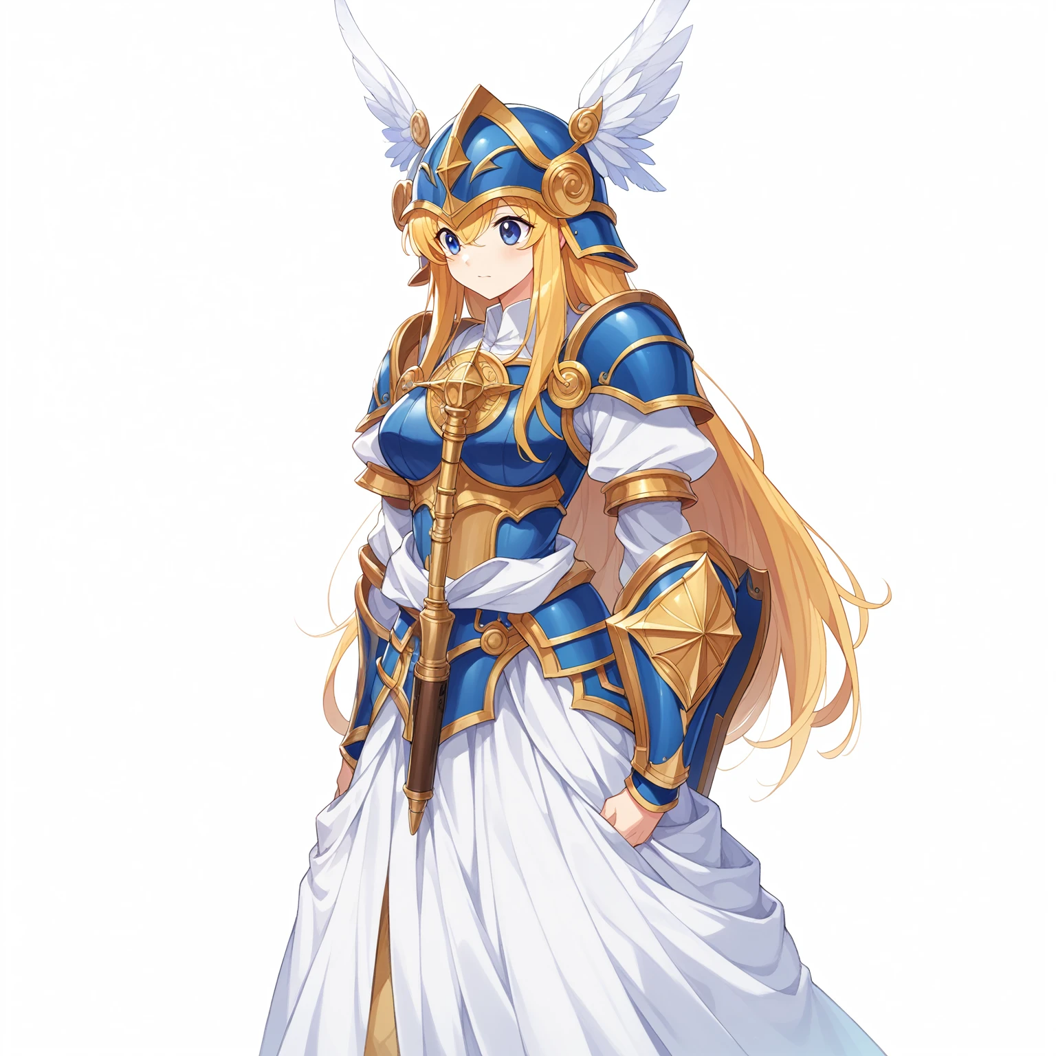 Highest quality, high resolution, High quality game art style, whole body,Valkyrie,Official Art, Smooth game CG art,Cute 3D anime girl render, Visual Novel Sprites, White background,Smooth game CG art, A woman wearing a white dress and blue armor, An intricately designed helmet with white feathers,Small shield, (((Woman with a gun))),(((Carries an elaborate halberd))),Exquisite Blue Armor,Golden Hair, long hair, female knight, Rin々Shii,Large Bust,,