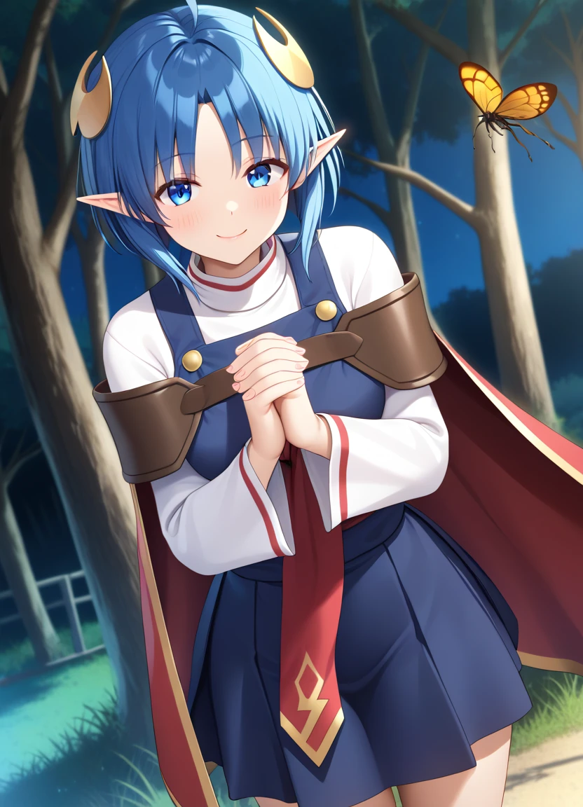 1girl, RENA LANFORD, 1GIRL, AHOGE, BLUE HAIR, SHORT HAIR, BLUE EYES, POINTY EARS
CRESCENT HAIR ORNAMENT, RED CAPE, BLUE VEST, LEATHER ARMOR, RED RIBBON, WAIST RIBBON, BLUE SKIRT, MINISKIRT, SHOES, BREAK kawaii, smile, cowboy shot, own hands clasped, forest, night, lightning bug, light particle, BREAK detailed face, smooth skin, cinematic lighting, volumetric shadow, BREAK 3D, CG illustration, score_9,