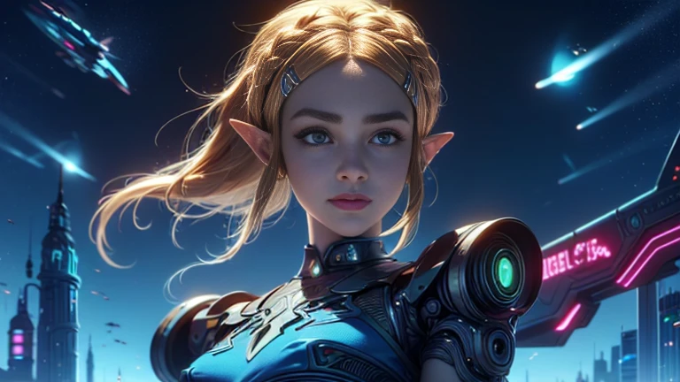 top quality, future world, State-of-the-art robot, Beautiful Woman, zelda, flying hair, Transformed into a cyborg except for the face,  Transformed into a cyborg except for the shoulder, sexy images, whole body photo, ((The Legend of Zelda))