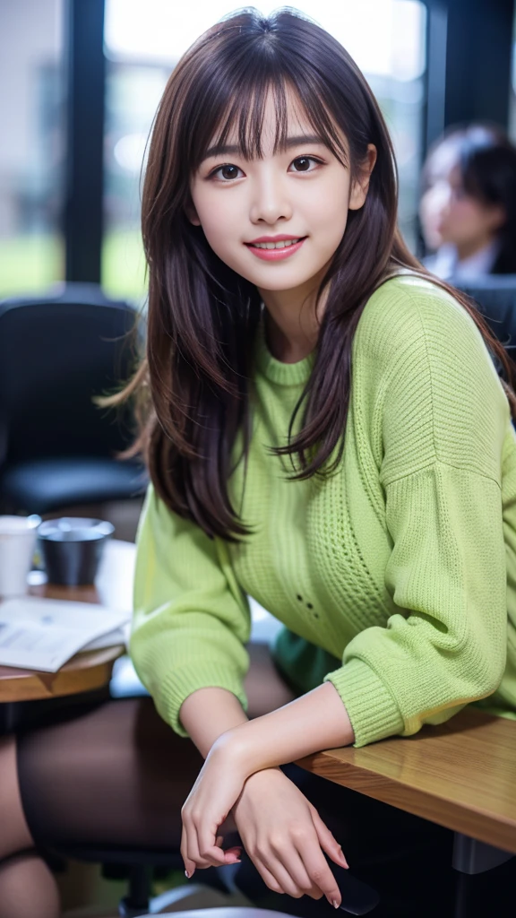  (8K, RAW Photos, Highest quality, masterpiece:1.3), (Realistic, photo-Realistic:1.4), (Highly detailed 8K wallpaper), Sharp focus, Written boundary depth,
 Japanese Idols,very cute,(Baby Face),sweater, Look at us and laugh, Upper Body, Highly detailed face and eyes,((Shiny skin:1.2)), Cinema Lighting, Soft Light, Blur the background, Bokeh,(office, Modern, stylish, Glass Wall, Open space:1.2)
