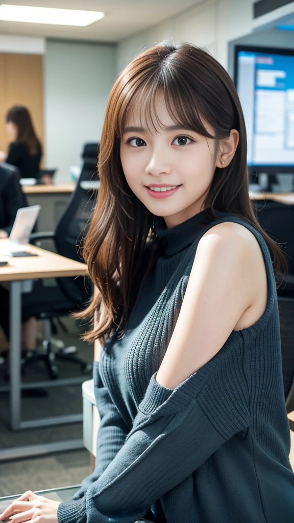  (8K, RAW Photos, Highest quality, masterpiece:1.3), (Realistic, photo-Realistic:1.4), (Highly detailed 8K wallpaper), Sharp focus, Written boundary depth,
 Japanese Idols,very cute,(Baby Face),sweater, Look at us and laugh, Upper Body, Highly detailed face and eyes,((Shiny skin:1.2)), Cinema Lighting, Soft Light, Blur the background, Bokeh,(office, Modern, stylish, Glass Wall, Open space:1.2)

