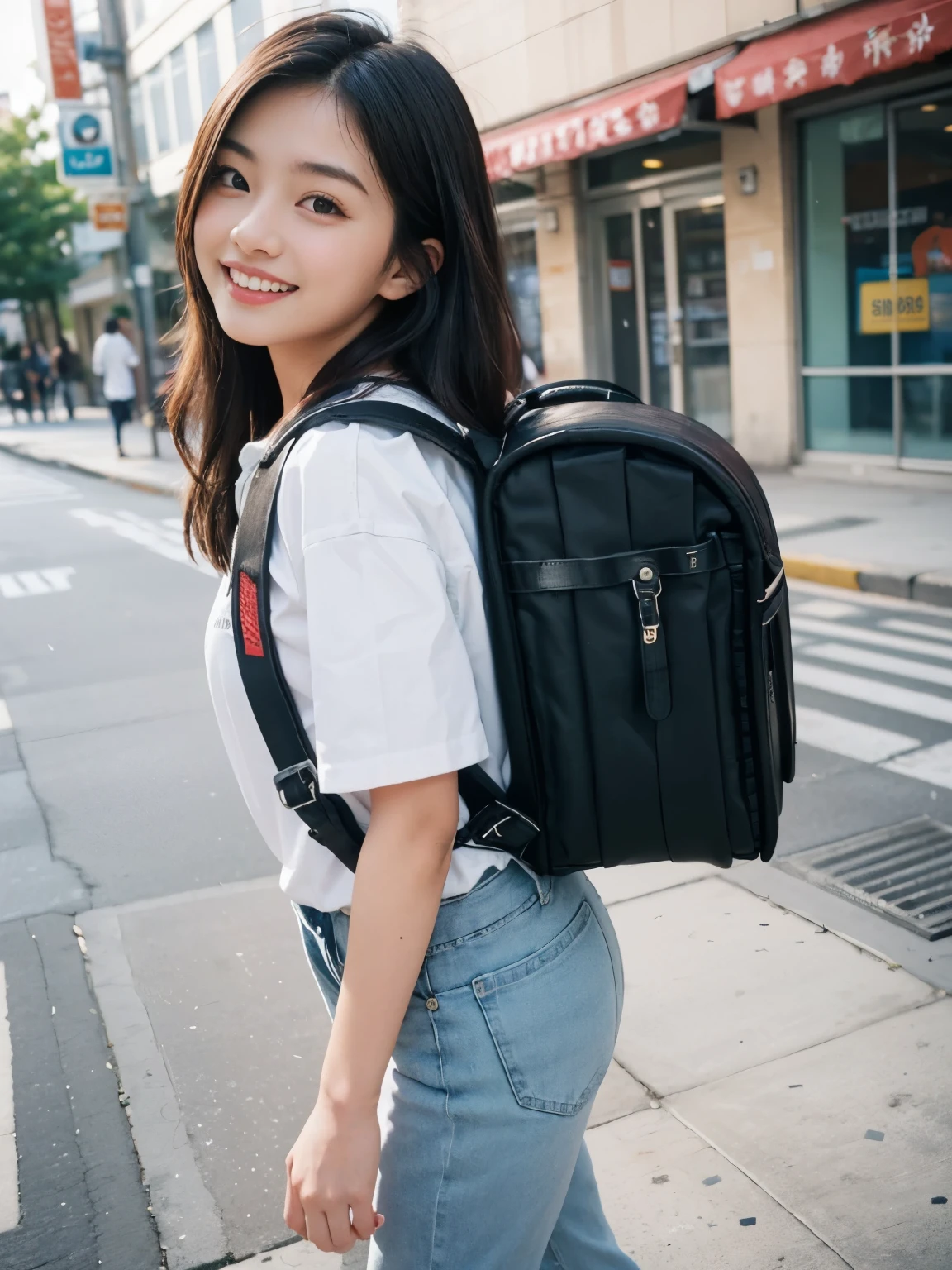 Masterpiece, hd, realistic 18 year old female high school girl standing on outdoor ,white shirt,blue and denim mini pants:1.5,best smile，blonde with short cut:1.5，Side waves with a short cut，Carrying a school backpack, (school backpack:1.2)