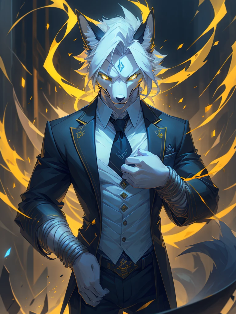 male, furry, Fox anthro, solo, white fur, Yellow eyes, (Realistic eye details 1.2), business suit wear, V0id3nergy, abs, Masterpiece, dramatic lighting, soft lighting, day, highly detail, Hair coiled