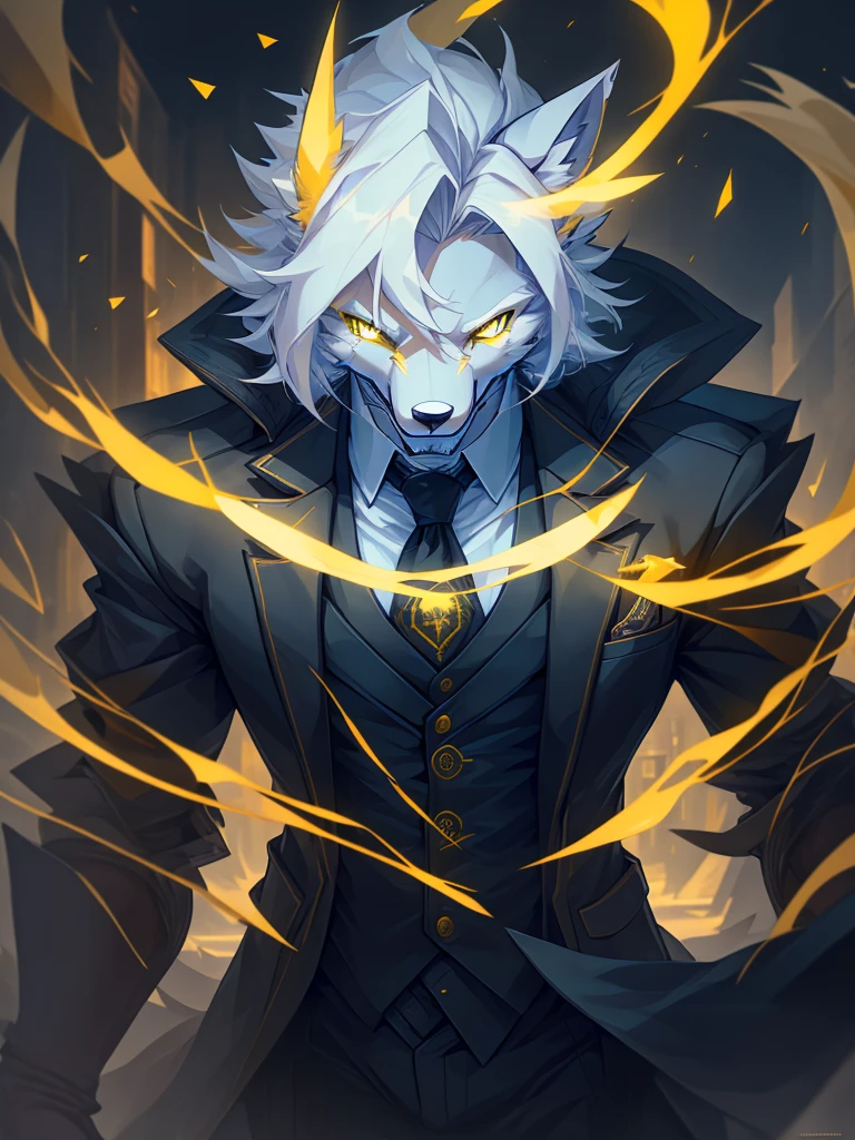 male, furry, Fox anthro, solo, white fur, Yellow eyes, (Realistic eye details 1.2), business suit wear, V0id3nergy, abs, Masterpiece, dramatic lighting, soft lighting, day, highly detail, Hair coiled