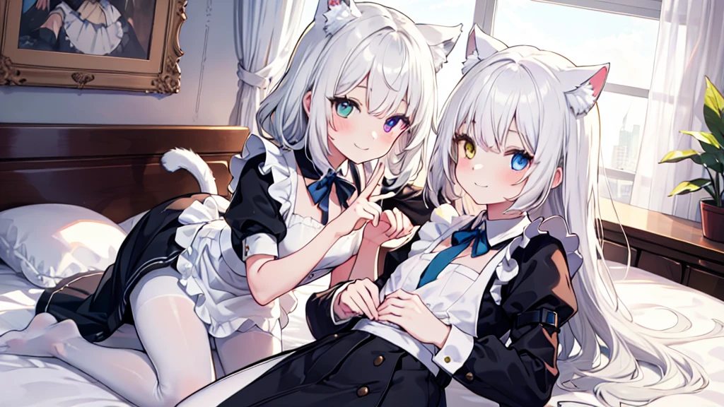 Maid costume，White pantyhose，White hair，Long hair，Cat ear，Heterochromia blue-yellow，Smile，Female face，There are bright spots in the eyes，Female hands，White little hands，Normal fingers，flat chest，2 people，in the room，Lying in bed