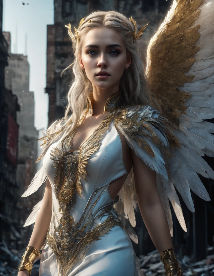 ruined city, beautiful busty cyberpunk angel woman, highly detailed, intricate, cinematic lighting, volumetric lighting, dramatic shadows, realistic skin, long braided blonde hair, azure eyes, white and gold leather revealing dress, hyper detailed face, delicate facial features, elegant pose, flowing angelic dress, detailed feathered wings, gritty dystopian environment, debris and rubble, moody dark color palette, chiaroscuro lighting, photorealistic, 8K