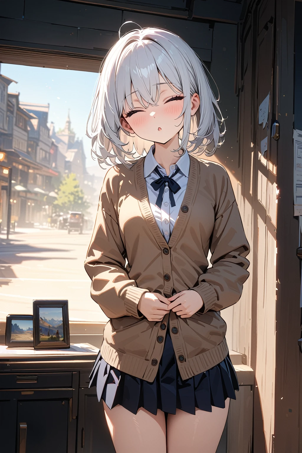 (masterpiece, best quality:1.5), (ultra detailed, high resolution, 8k, beautiful detailed, UHD, best anatomy), white hair, small breasts, 1girl, closed eyes, kissy face, A hopeful background, standing, front view, cardigan, flared skirt, business shirt