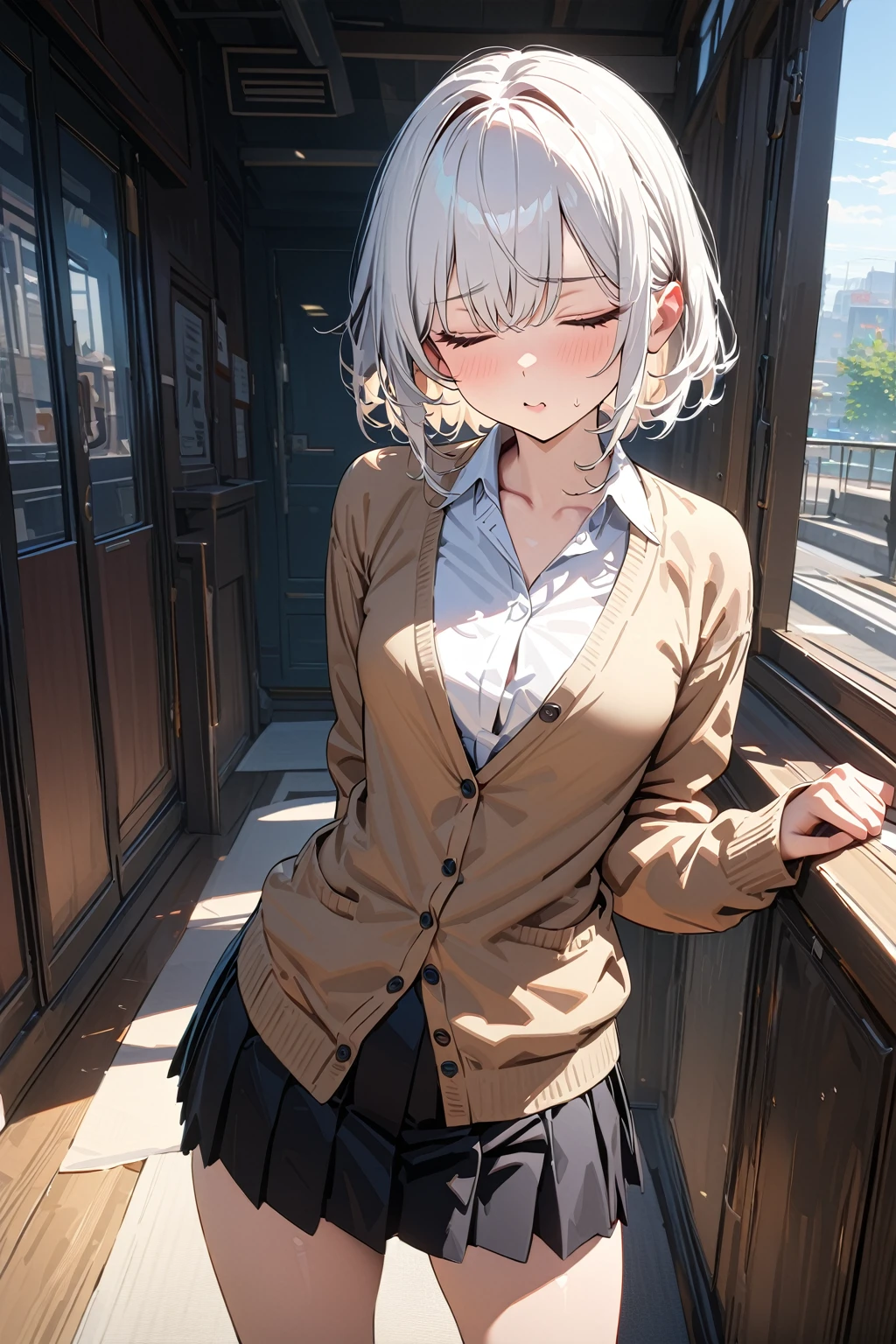 (masterpiece, best quality:1.5), (ultra detailed, high resolution, 8k, beautiful detailed, UHD, best anatomy), white hair, small breasts, 1girl, closed eyes, kissy face, A hopeful background, standing, front view, cardigan, flared skirt, business shirt