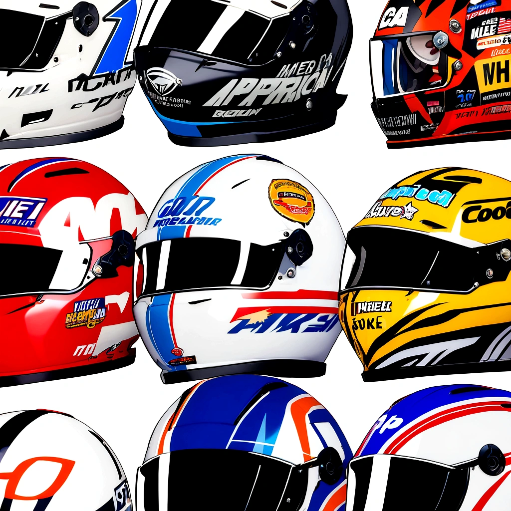 an American stock car helmet, various sponsorships, White background