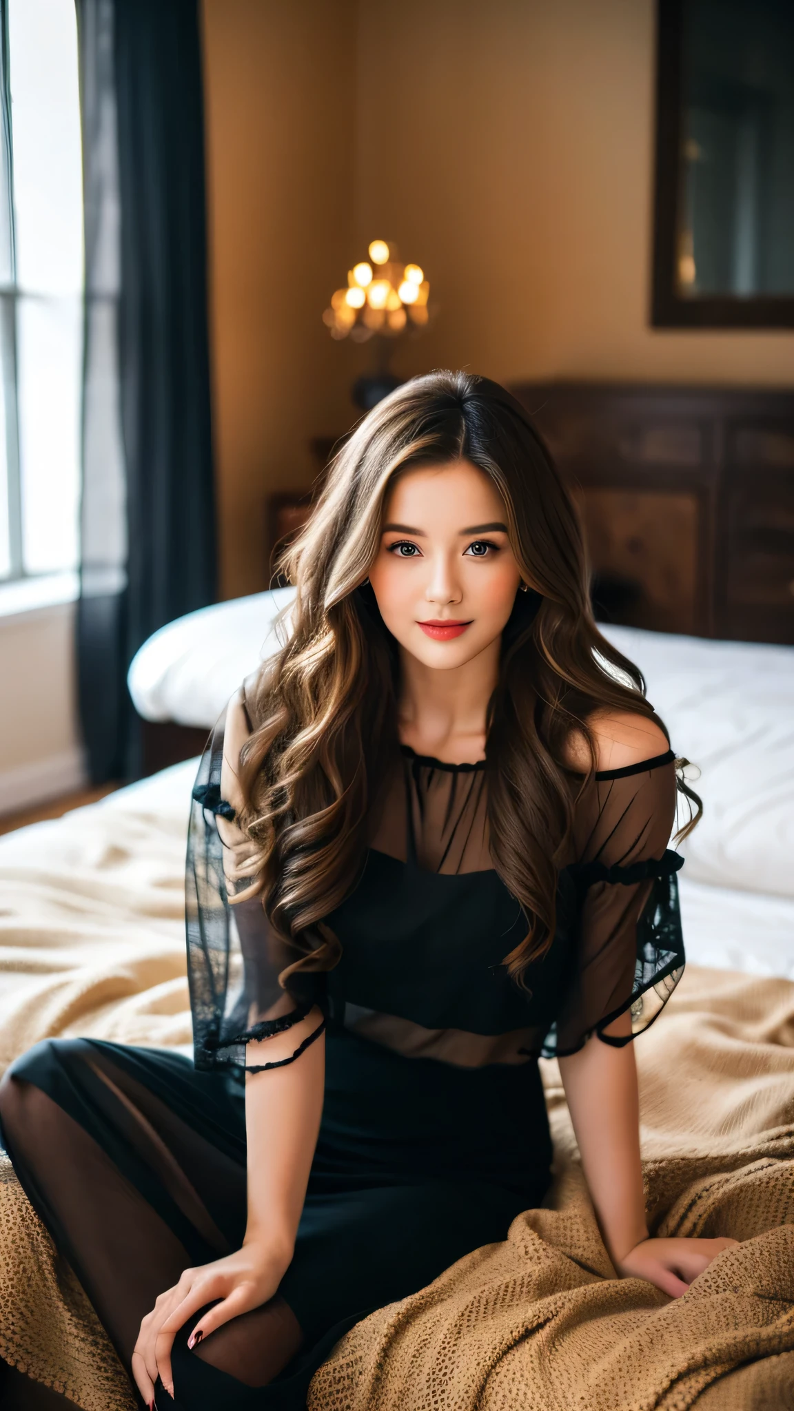 "A beautiful young woman with long, wavy hair, wearing a black, pure clothing, sitting on a bed in a well-lit room. The woman has a captivating look and a confident pose, with a background with a cozy atmosphere, wooden interior and soft lighting."