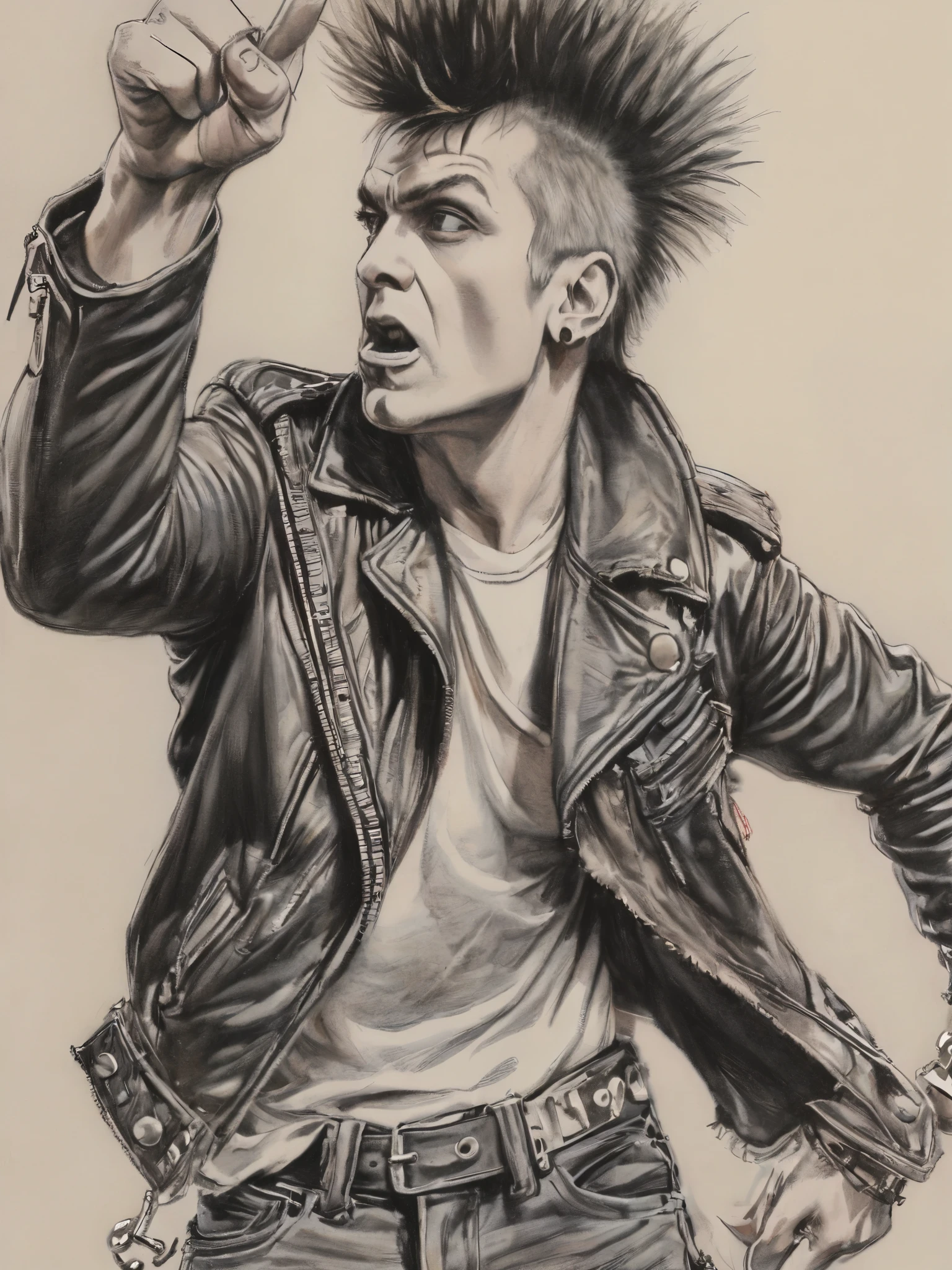 1man,(masterpiece, top quality, best quality, official art, punk, unique, most handsome, man part of the punk movement(a loud, fast-moving, and aggressive form of rock music, popular in the late 1970s and early 1980s.), drawing, not realistic photo sketch , close up photo