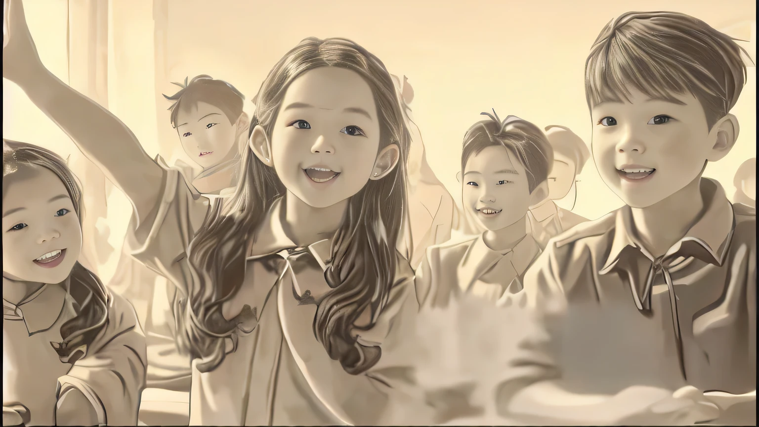 Many children standing together in the classroom, Artwork in the style of Guweiz, Inspired by Han Yonghao, author：Tang Shan-yun, ross trans style, author Kim Myeong-guk, author：Ni Yuanlu, author Kim Jeong-hui, Super beautiful pencil shading, Nam Jae-yeon, Rose Tran&#39;s style