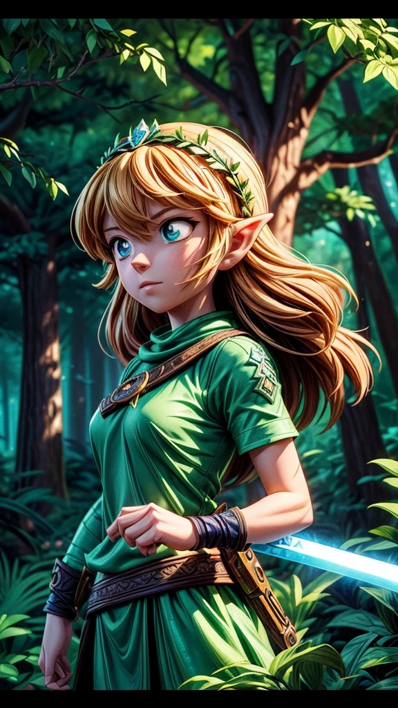 Detailed fantasy illustrations of the Legend of Zelda、A young female protagonist with long hair and piercing blue eyes、Wearing a green tunic、Towering Tree々and sparkling magic elements、Dramatic lighting、Bright colors、Cinematic composition、Intricate details、Mysterious forest stream landscape、Ready your sword and attack the enemy、Divine Light、Dynamic fighting pose