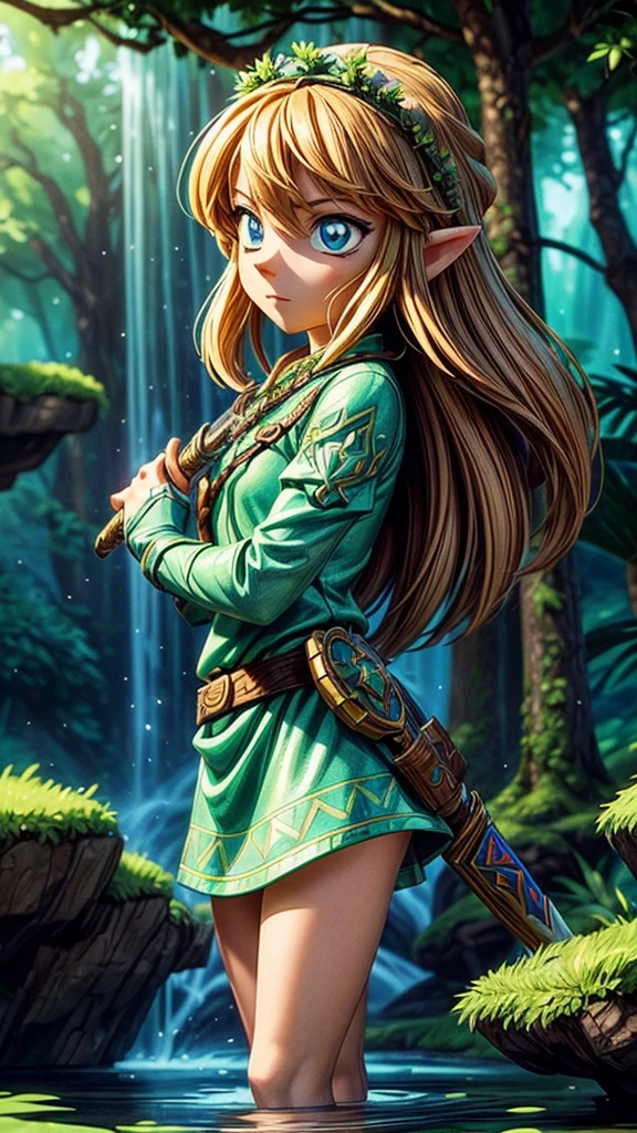 Detailed fantasy illustrations of the Legend of Zelda、A young female protagonist with long hair and piercing blue eyes、Wearing a green tunic、Towering Tree々and sparkling magic elements、Dramatic lighting、Bright colors、Cinematic composition、Intricate details、Mysterious forest stream landscape、Ready your sword and attack the enemy、Divine Light、Dynamic fighting pose