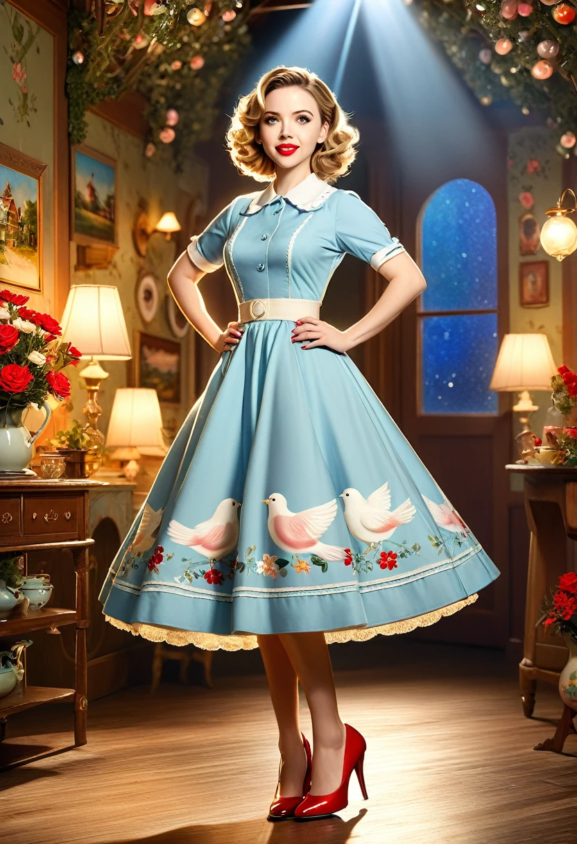 50s house wife. full length. featuring warm lighting and shadows. should be of the highest quality, a masterpiece with intricate details. Hands on hips. cute 50s house wife dress. Red high heels. She should have luscious lips, a wide smile, and bright, expressive eyes, exuding beauty, cuteness, and adorableness. Ensure the image is high resolution and sharply detailed, with a detailed and vibrant background. Scarlett Johanson, Alison Brie, Dove Cameron Incorporate mystical lighting in the background, creating a romantic and enchanting atmosphere.
