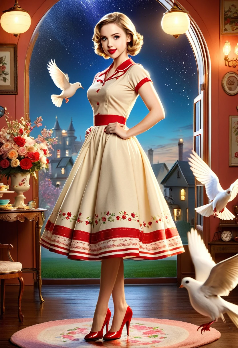 50s house wife. full length. featuring warm lighting and shadows. should be of the highest quality, a masterpiece with intricate details. Hands on hips. cute 50s house wife dress. Red high heels. She should have luscious lips, a wide smile, and bright, expressive eyes, exuding beauty, cuteness, and adorableness. Ensure the image is high resolution and sharply detailed, with a detailed and vibrant background. Scarlett Johanson, Alison Brie, Dove Cameron Incorporate mystical lighting in the background, creating a romantic and enchanting atmosphere.