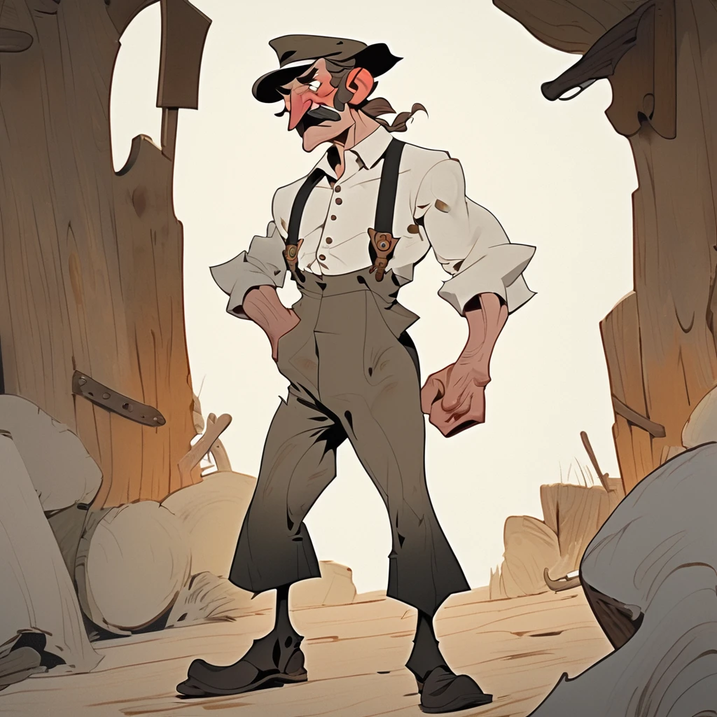 1man,Old West, Oil paint, black and white, cartoon style,Wavy light brown hair, strong Body, white dress shirt with, black suspender, faded black pants patched, Beret, thin big mustache, cheek spot, Arrogant, young, Muscular, full body