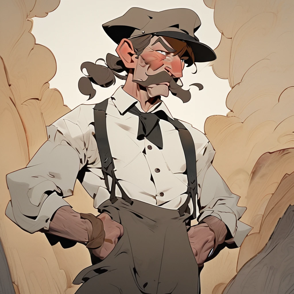 1man,Old West, Oil paint, black and white, cartoon style,Wavy light brown hair, strong Body, white dress shirt with, black suspender, faded black pants patched, Beret, thin big mustache, cheek spot, Arrogant, young, Muscular, full body