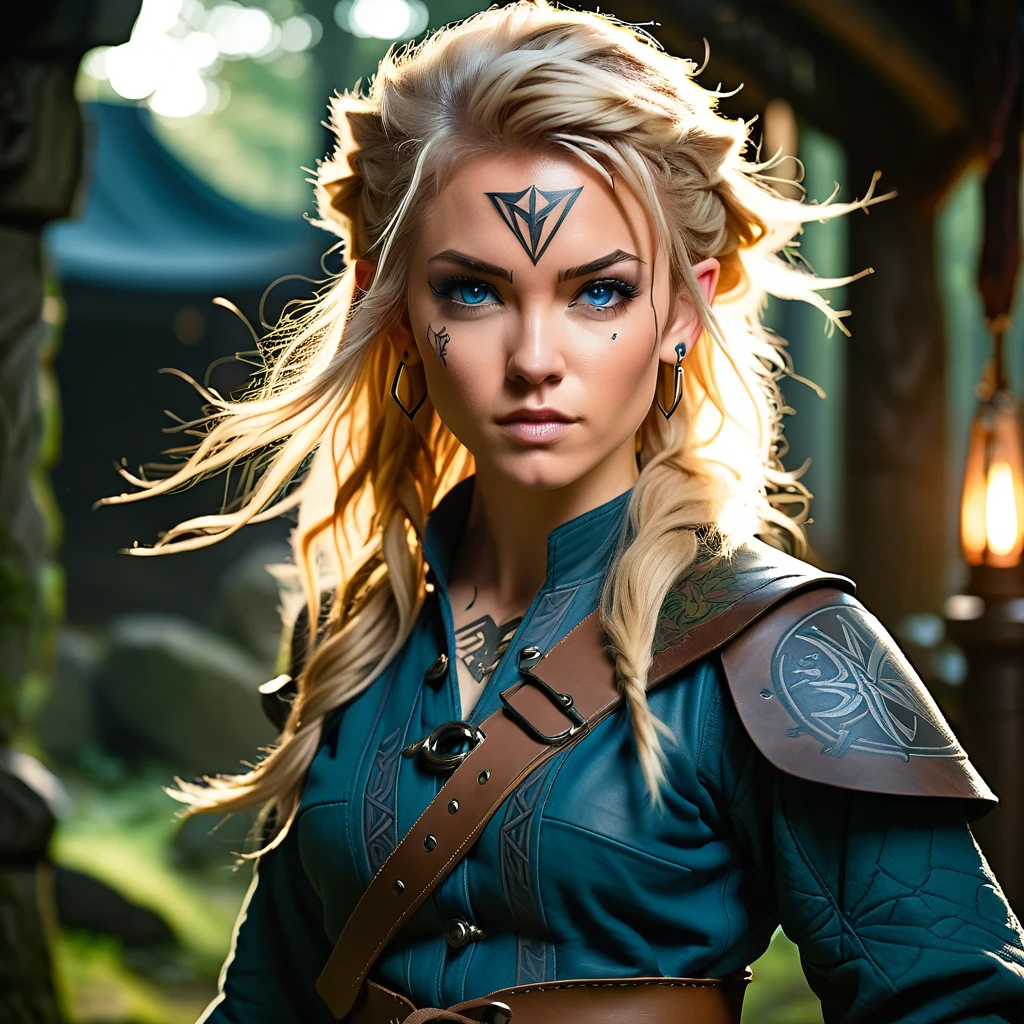 (1 female:1.5), solo, wearing gambeson, ((rune tattoos)), ((Face tattoos)), fullbody, attacking viewer with fists, detailed elf druid girl, slim body, (smirk:1.1), (nose blush:1.1), (big blue eyes:1.1), (blond hair:1.1), beautiful detailed face, messy hair, (hairstyle:sitecut), cinematic lighting, shot on canon 5d, Greg Rutkowski, Yoji Shinkawa:0.6,