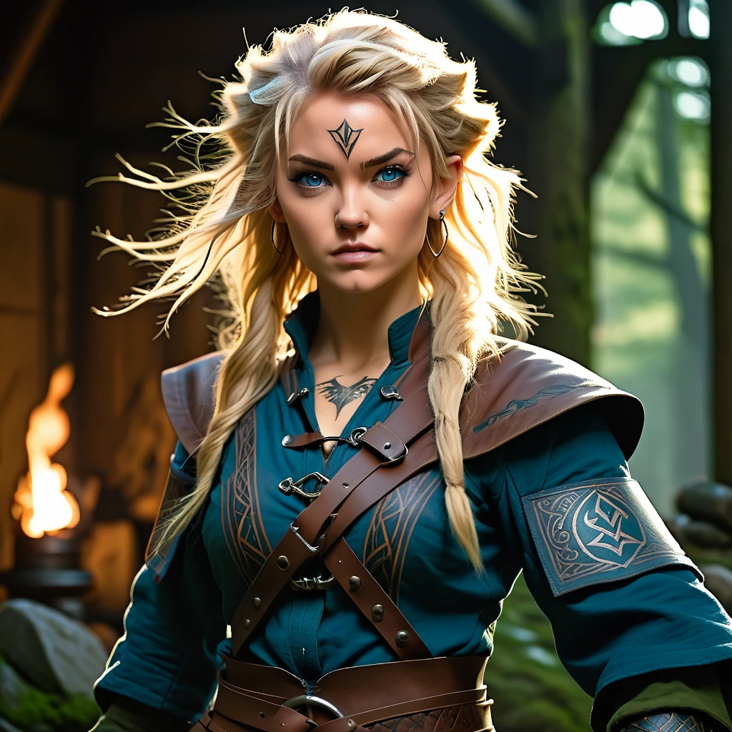 (1 female:1.5), solo, wearing gambeson, ((rune tattoos)), ((Face tattoos)), fullbody, attacking viewer with fists, detailed elf druid girl, slim body, (smirk:1.1), (nose blush:1.1), (big blue eyes:1.1), (blond hair:1.1), beautiful detailed face, messy hair, (hairstyle:sitecut), cinematic lighting, shot on canon 5d, Greg Rutkowski, Yoji Shinkawa:0.6,