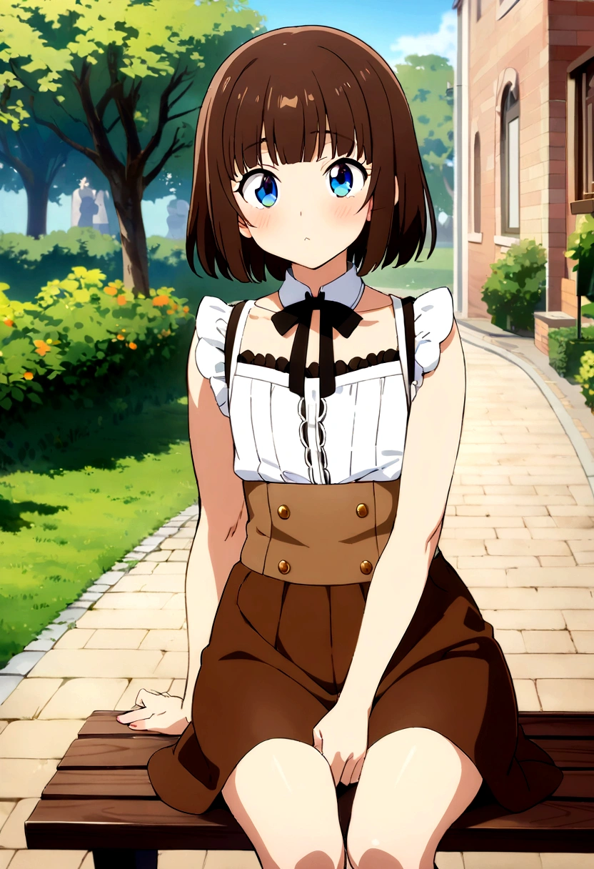 1 Anime boy, flat chest, big hips, high quality image, femboy, otokonoko, brown short hair, bangs, blue eyes, cute outfit, sitting on a bench with 1 anime girl