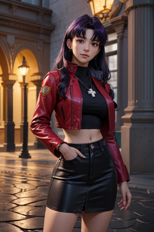 (ultra realistic,32k, masterpiece:1.2),(high detailed skin:1.1),( 8k uhd, dslr, high quality:1.1),
 misato, black eyes, parted bangs,black-Purple hair,  long hair, earrings, cross necklace, red jacket, long sleeves, black crop top, navel, wide hips, black skirt, (huge breast:1.1), 
(looking at viewer, standing, from below:1.1),,
,(neon light:1.1),courtyard, ornate fountain, cobblestone paths, tranquil