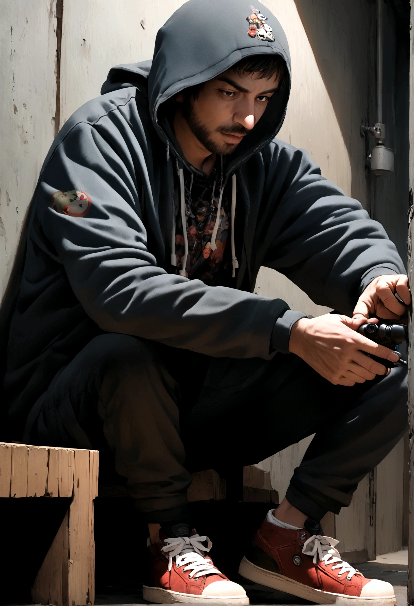 a man wearing a hoodie and sneakers is writing graffiti that says "BARMAIN GAMING" and holding a joystick game control realistic photography and cinema