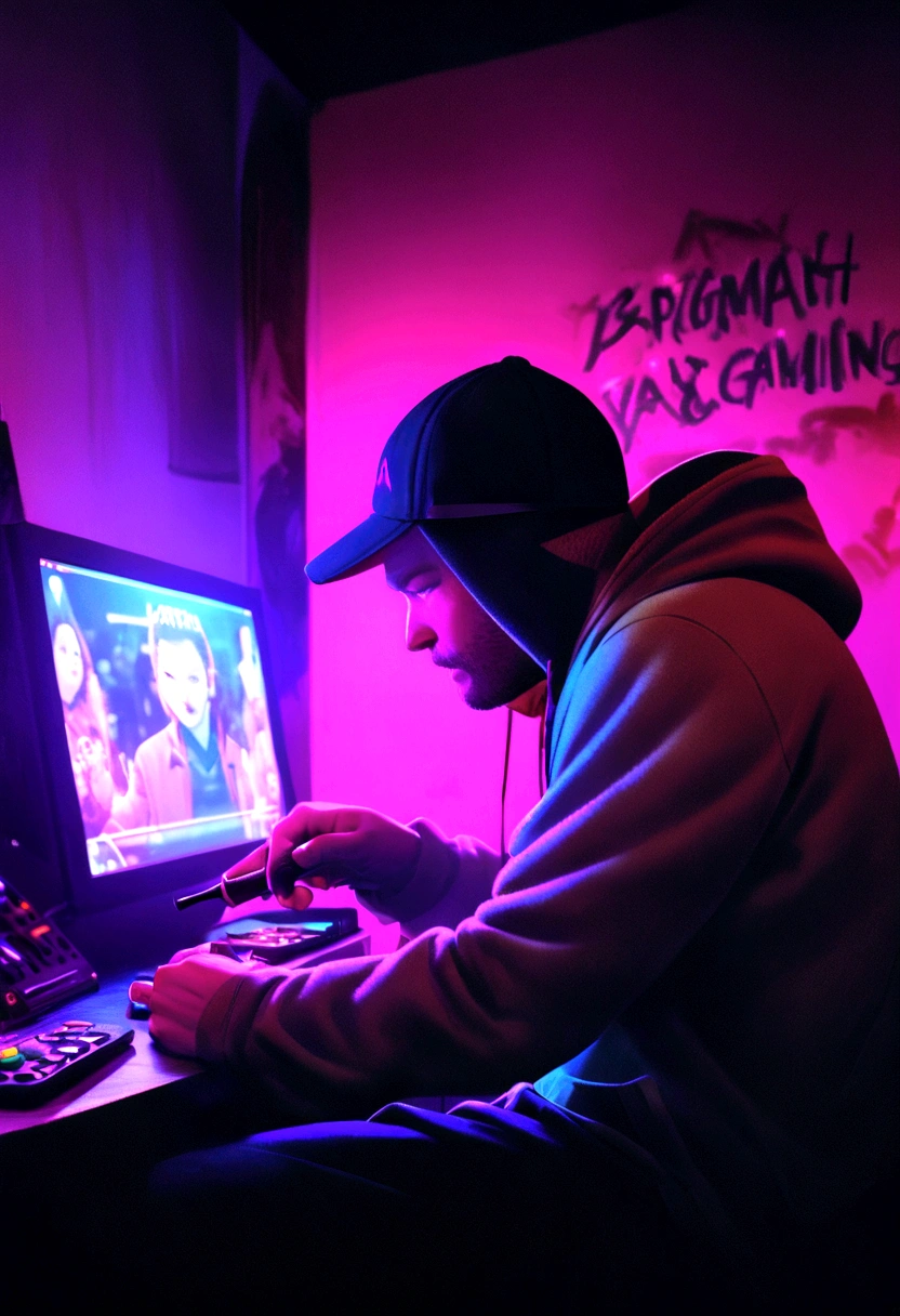 a man wearing a hoodie and sneakers is writing graffiti that says "BARMAIN GAMING" and holding a joystick game control realistic photography and cinema