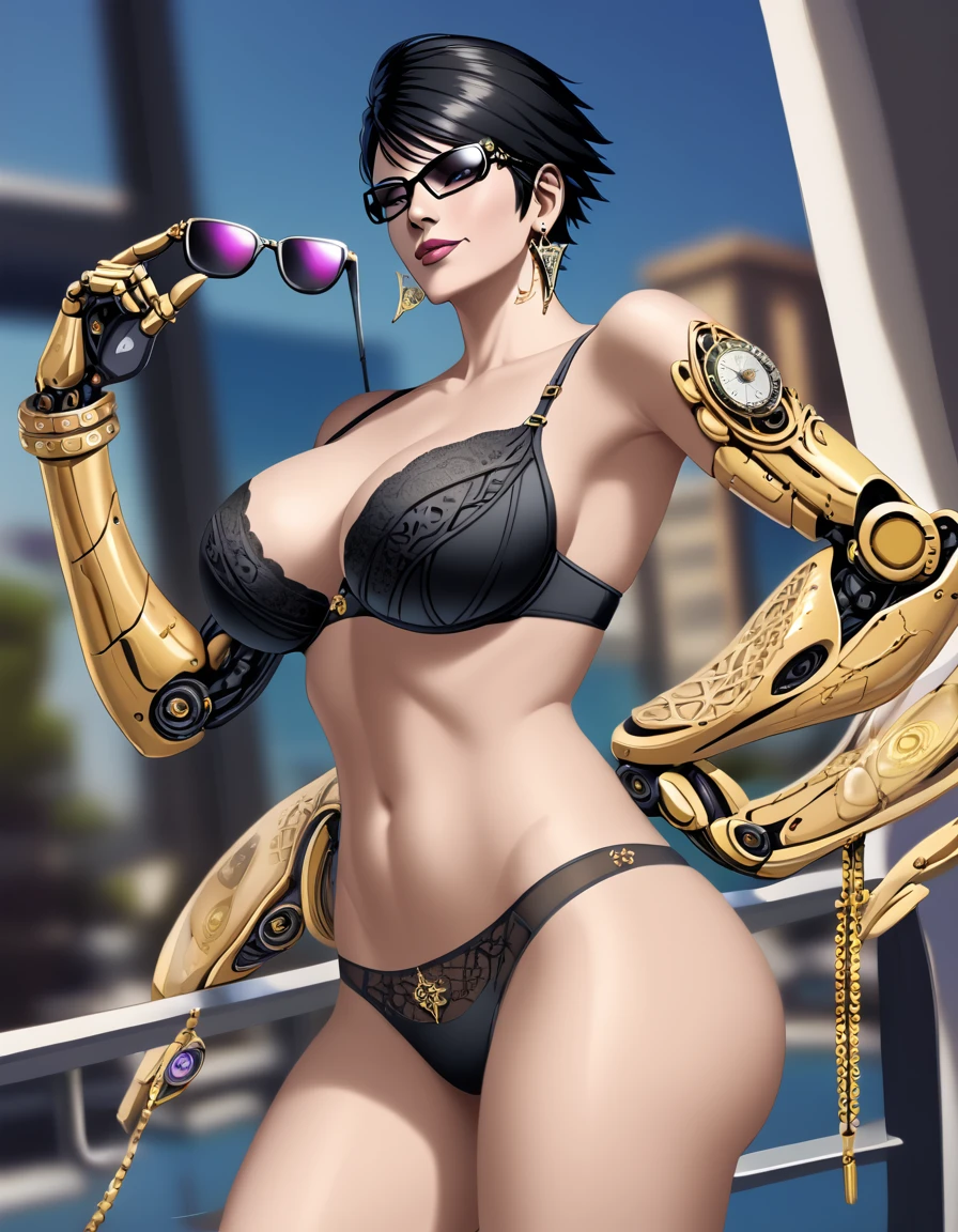  tall beautyfull woman, bayonetta shape, golden robotic arms, short black hair, golden earring, black panties, golden bracelet,sunglasses, slender body, natural body, milf, detailed, perfect face, black bra
