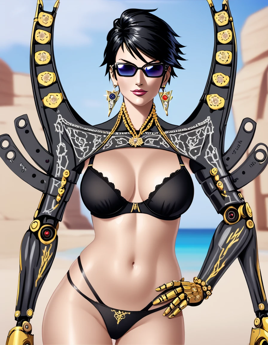 tall beautyfull woman, bayonetta shape, golden robotic arms, short black hair, golden earring, black panties, golden bracelet,sunglasses, slender body, natural body, milf, detailed, perfect face, black bra