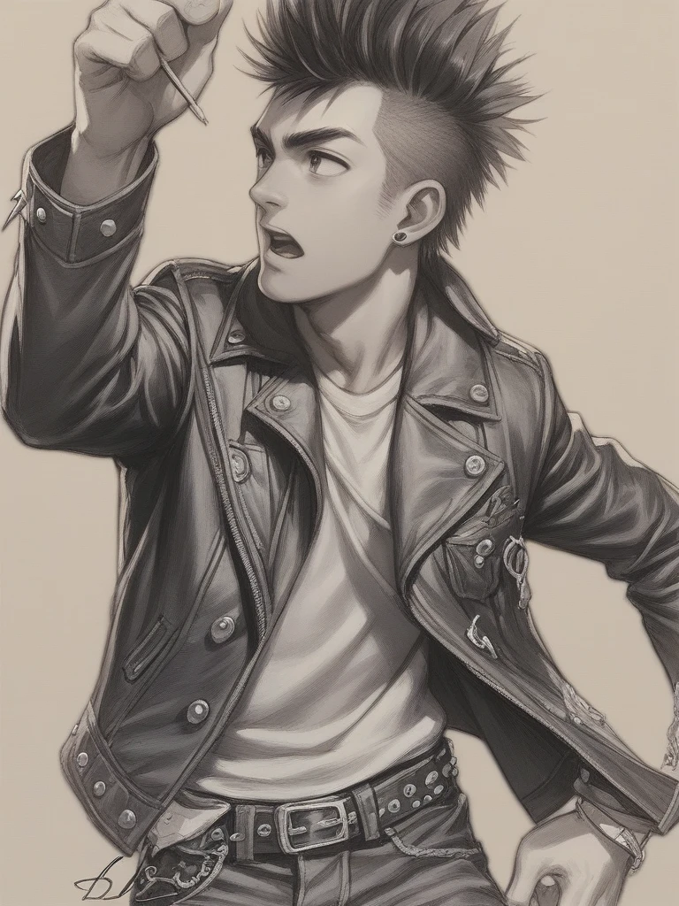 1man,(masterpiece, top quality, best quality, official art, punk, unique, most handsome, man part of the punk movement(a loud, fast-moving, and aggressive form of rock music, popular in the late 1970s and early 1980s.), drawing, not realistic photo sketch , close up photo, young man, handsome