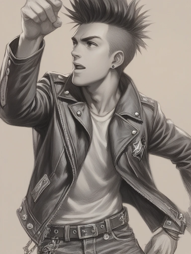 1man,(masterpiece, top quality, best quality, official art, punk, unique, most handsome, man part of the punk movement(a loud, fast-moving, and aggressive form of rock music, popular in the late 1970s and early 1980s.), drawing, not realistic photo sketch , close up photo, young man, handsome