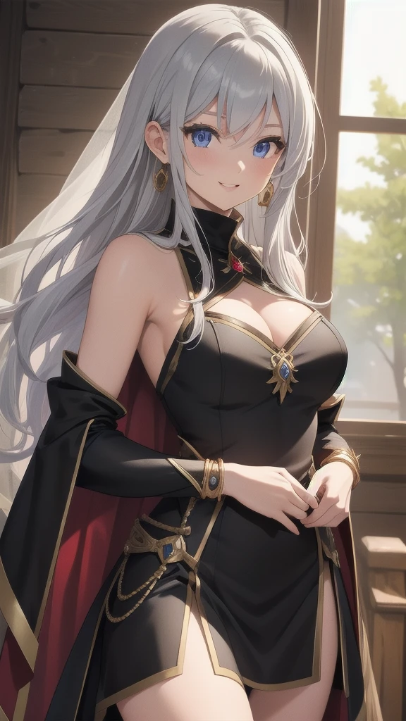 masterpiece, best quality, 1 solo girl, silver hair, blue eyes, long hair, medium breasts, sexy body and face, wavy hair, smile, parted lips, circlet, jewelry, bare shoulders, earrings, bridal gauntlets, sleeveless, black dress, bracelet, side slit, gold trim, red fur-trimmed cape, pelvic curtain, sleeveless dress, black footwear, turtleneck, long sleeves, castle, intdoors, sexy pose, cowboy shots, detailed body, face, and eyes, sharp focus, vibrant, creative, dynamic, high definition, high resolution, 8k, (Upscale: R-ESRGAN 4x+ Anime6mage enchance:4x), voluptuous body, cinema lightning, dakimakura style, looking at the viewer,