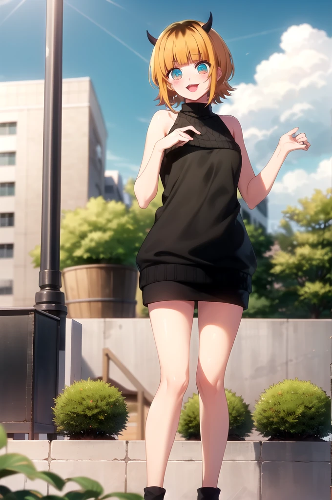 Highest quality, masterpiece, detailed,
memcho,
Open your mouth, A slight blush, :3, smile,
short hair, Blonde, Multicolored Hair, Aqua Eye, Blunt bangs, horn,
(Blue sweater:1.2), Black Shirt, Bare shoulders, Black Skirt, I tucked in my sweater.,
Are standing, Looking at the audience,
(Day:1.2), garden, Outdoor