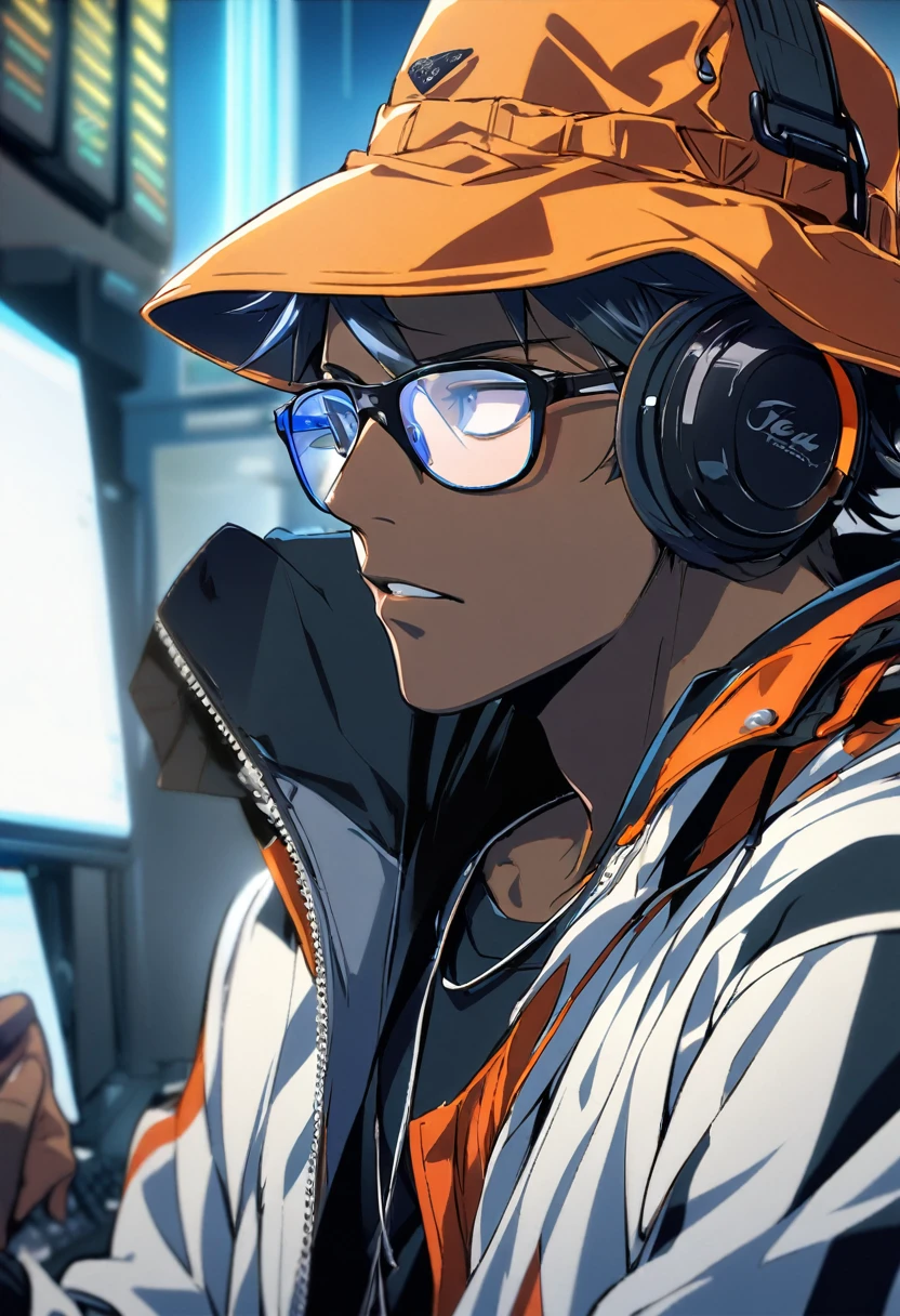 1man, black man, bucket hat, tech hear, jacket, glasses, mask