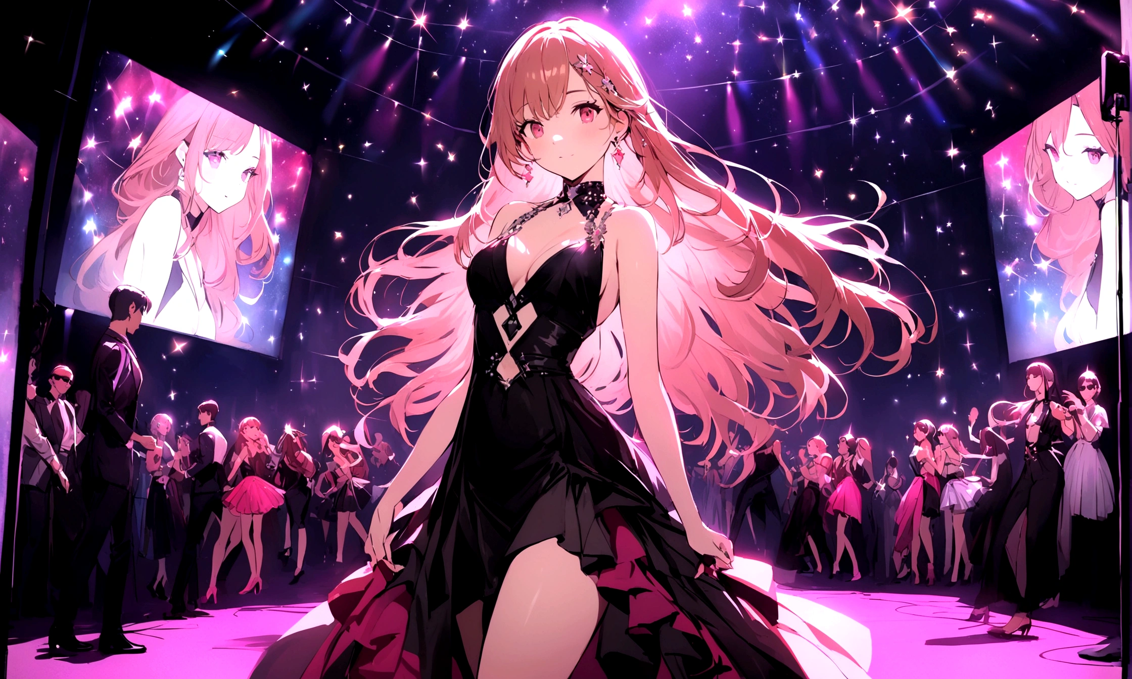 A stunning young woman with flowing chestnut hair streaked with vibrant pink, dressed in flashy nightclub attire, revels in music and dancing in a dimly lit club. This vivid depiction, reminiscent of a high-quality photograph, showcases her infectious energy and beauty as she moves gracefully amidst the pulsating lights and throbbing beats. Every detail, from the subtle highlights in her hair to the sparkle of her outfit, adds to the overall allure of the scene, making it a mesmerizing and captivating portrayal of nighttime entertainment