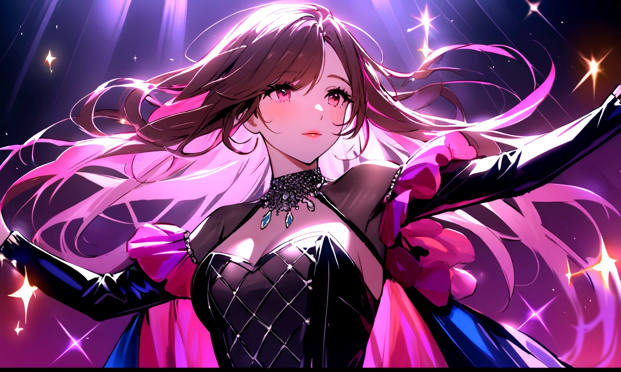 A stunning young woman with flowing chestnut hair streaked with vibrant pink, dressed in flashy nightclub attire, revels in music and dancing in a dimly lit club. This vivid depiction, reminiscent of a high-quality photograph, showcases her infectious energy and beauty as she moves gracefully amidst the pulsating lights and throbbing beats. Every detail, from the subtle highlights in her hair to the sparkle of her outfit, adds to the overall allure of the scene, making it a mesmerizing and captivating portrayal of nighttime entertainment