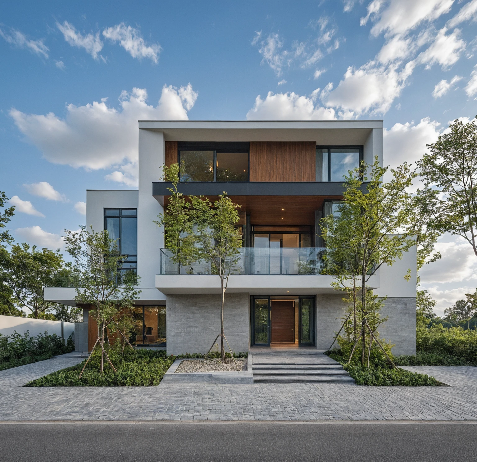 The modern gate features a sleek and minimalist design, sky, cloud, (daylight:1.1)
